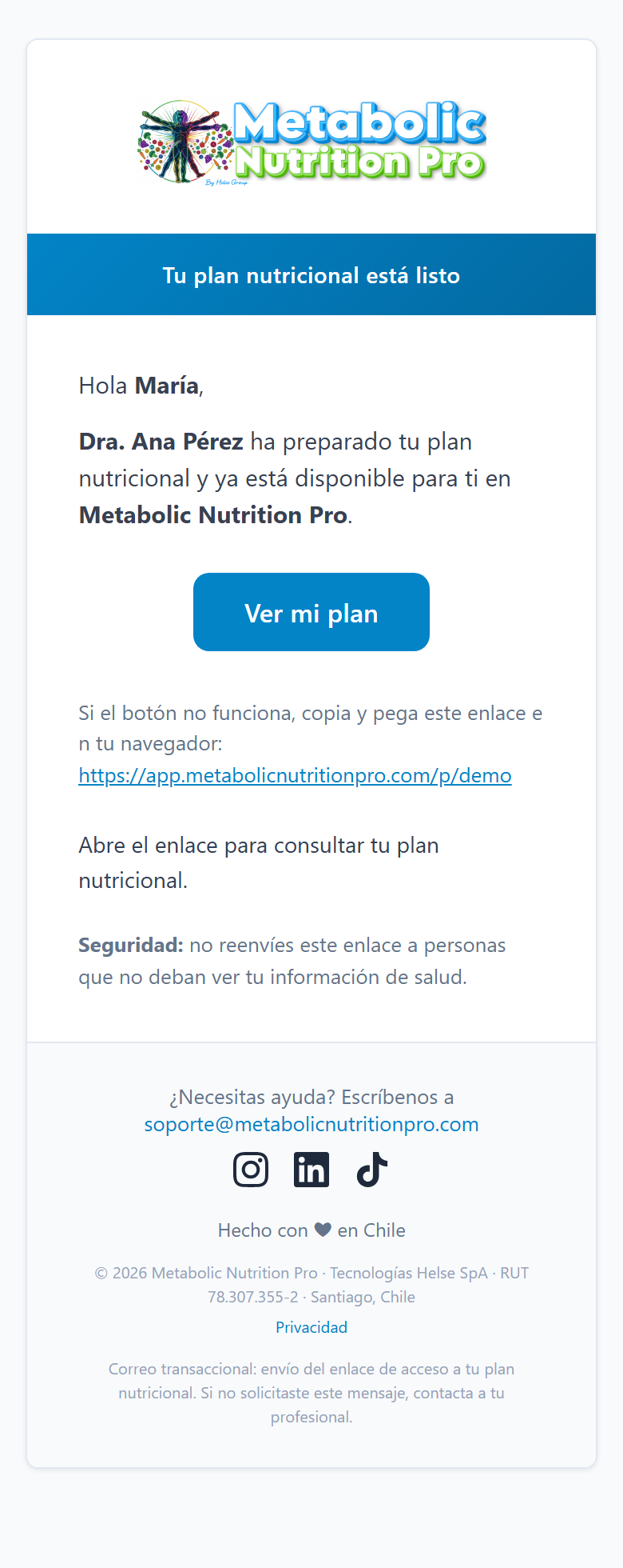 Correo transaccional de entrega del plan nutricional al paciente en su bandeja de entrada