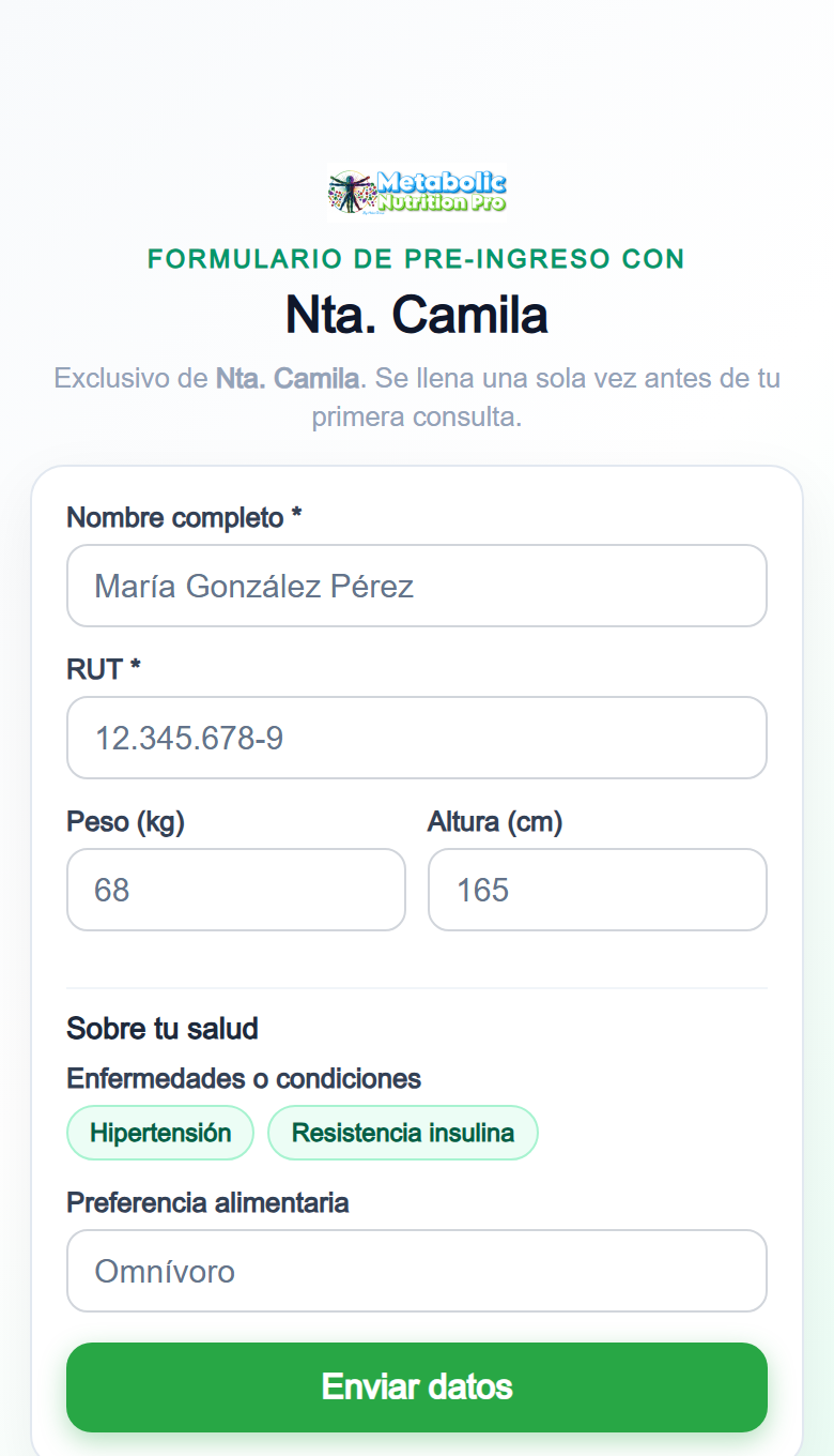Formulario de pre-ingreso que el paciente completa desde su celular antes de la consulta